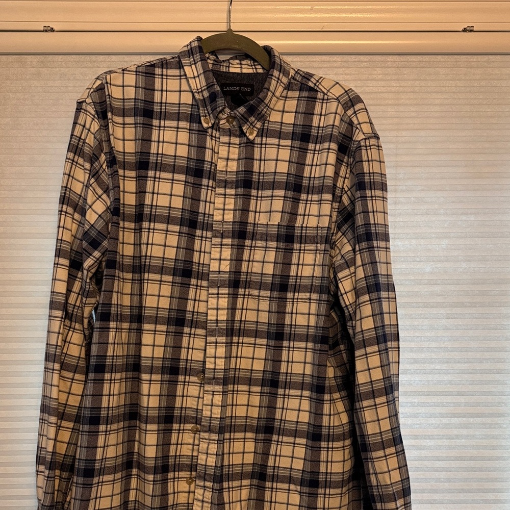 Lands' End Navy and Cream Plaid Button Down Shirt